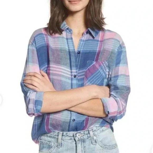Rails NWT Charli Button Down Shirt Laguna Coast Azalea Plaid Long Sleeves - Picture 1 of 7